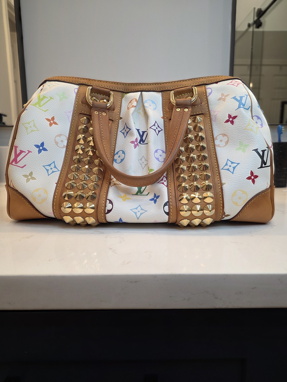 Louis Vuitton Multicolor White Canvas Studded Satchel - Picture 2 of 15